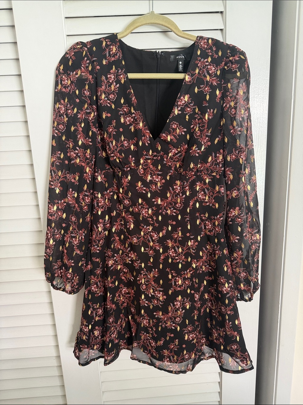 Aqua Black Floral V-Neck Long Sleeve Fit-and-Flare Dress